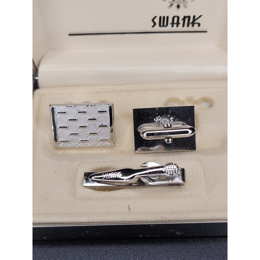 Swank Cufflinks Tie Clip Set Silver Tone Geometric Textured Signed Boxed Set